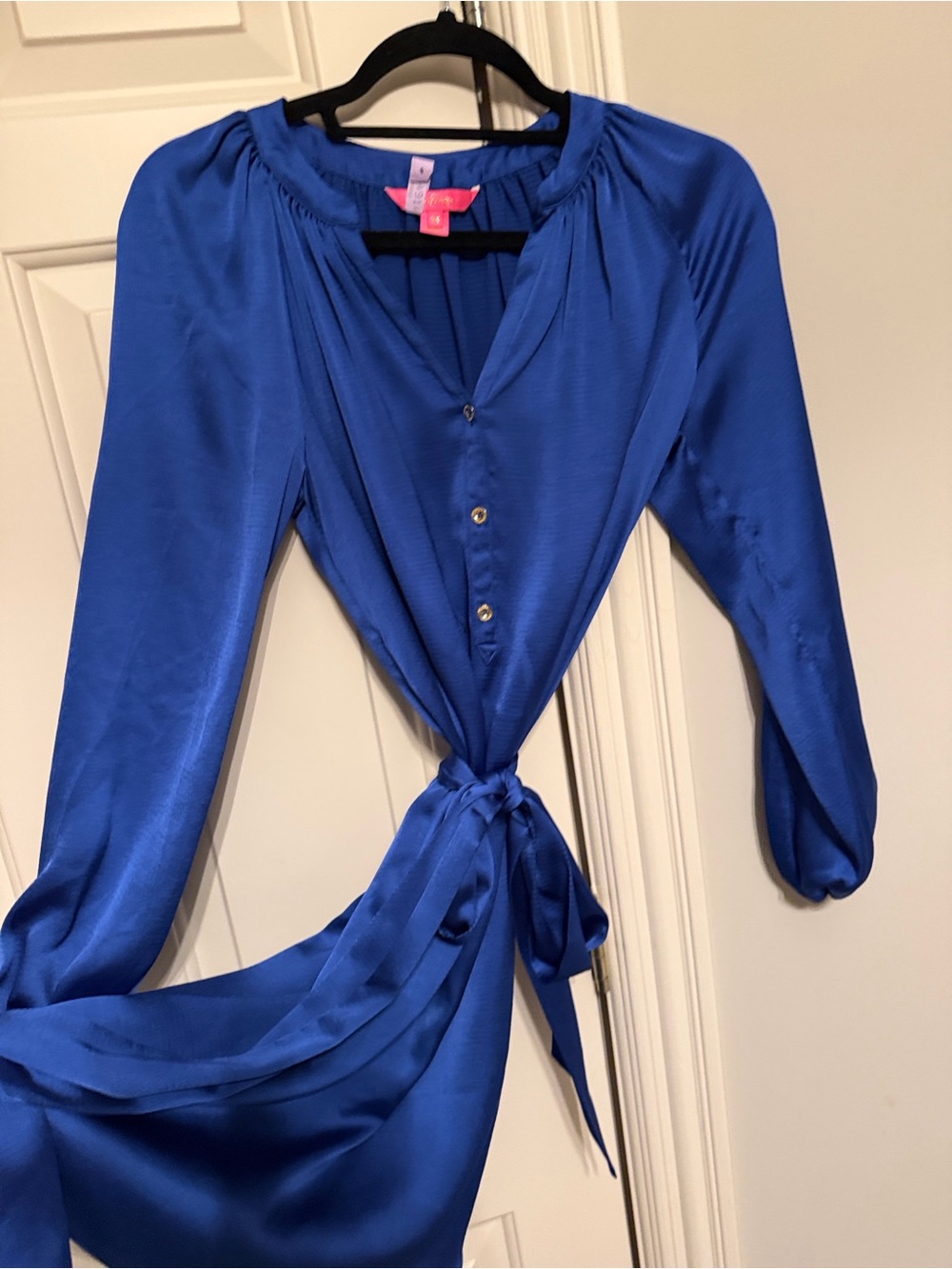 Lilly Pulitzer Royal Blue Satin Tie-Waist Long Sleeve Dress